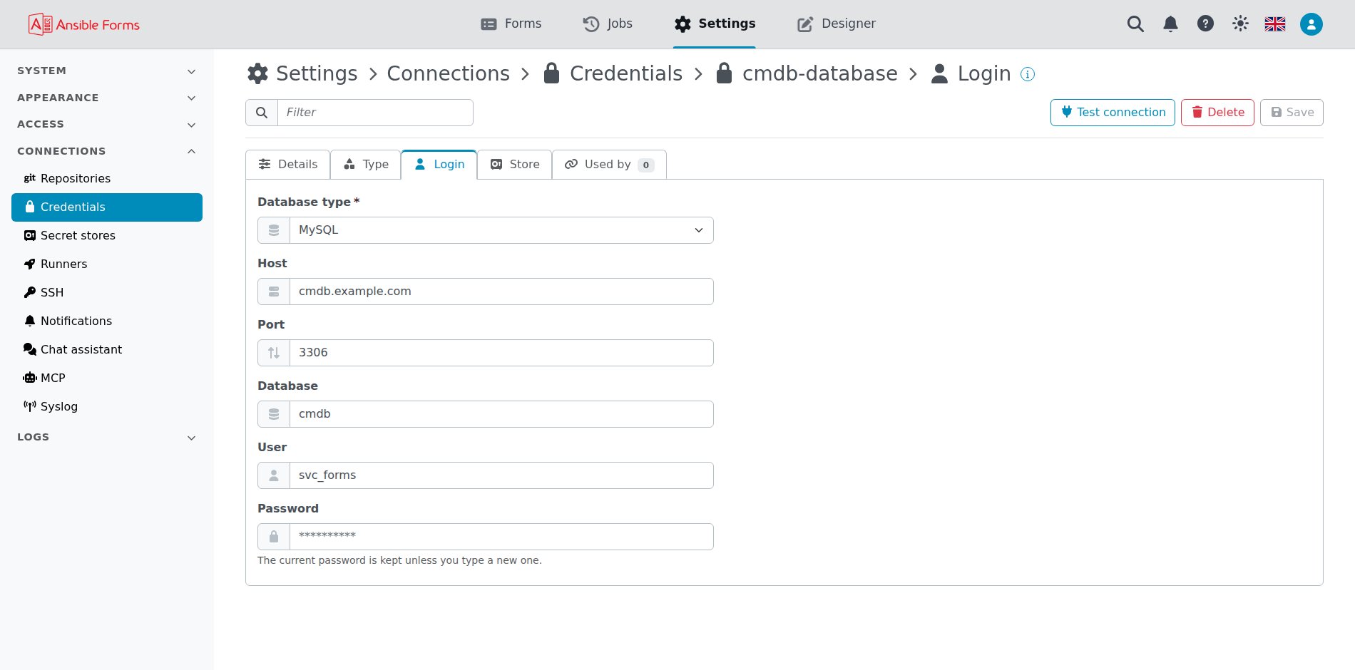 Connections > Credentials, a credential's Connection tab