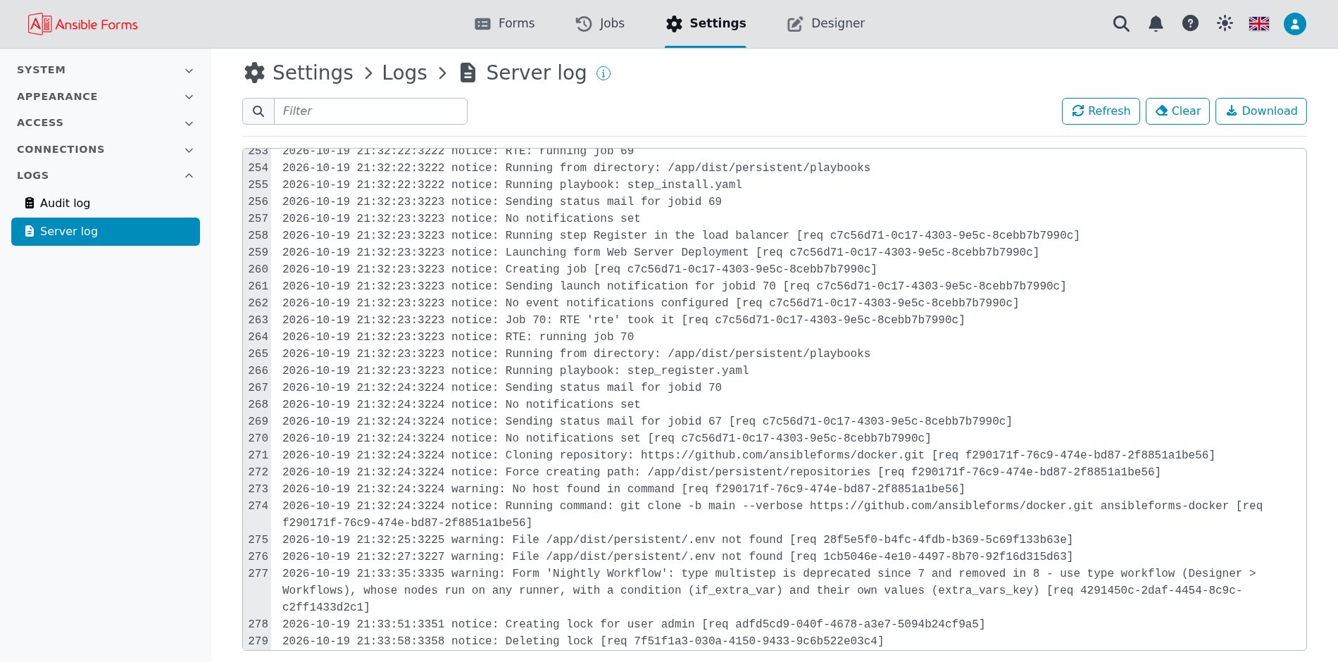 Logs > Server log