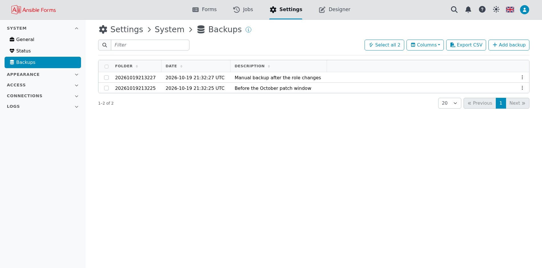 Configuración > Copias de seguridad